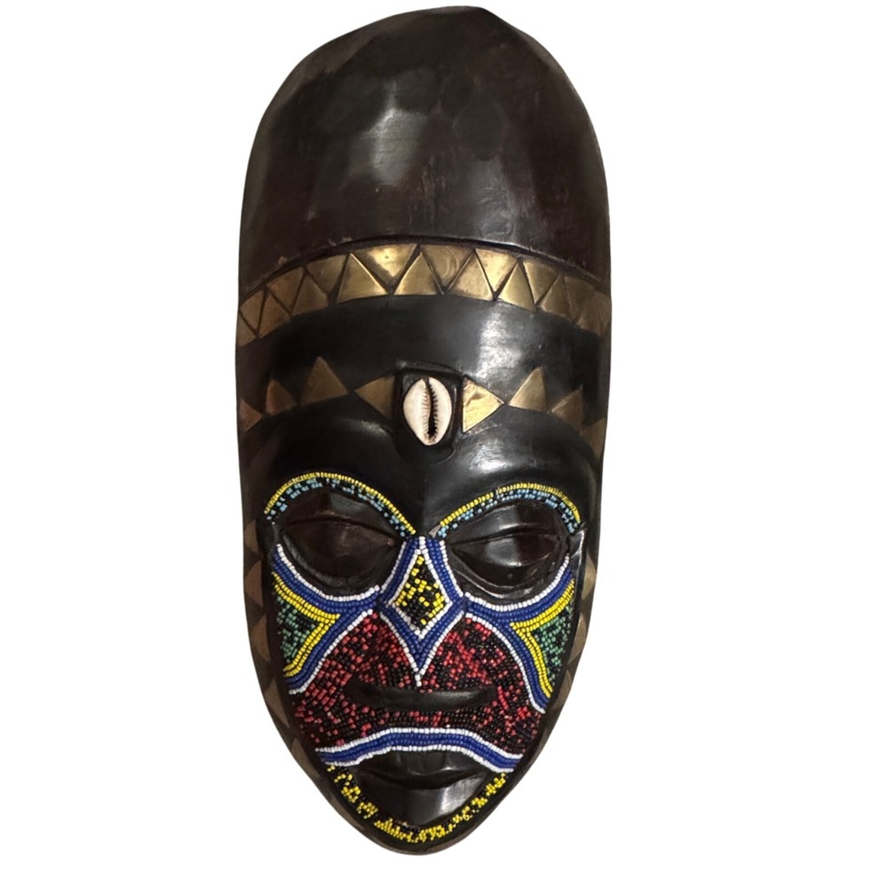 African Tribal Ceremonial Mask Beads Brass Shell Carved Wood Hanging Ghana 14"